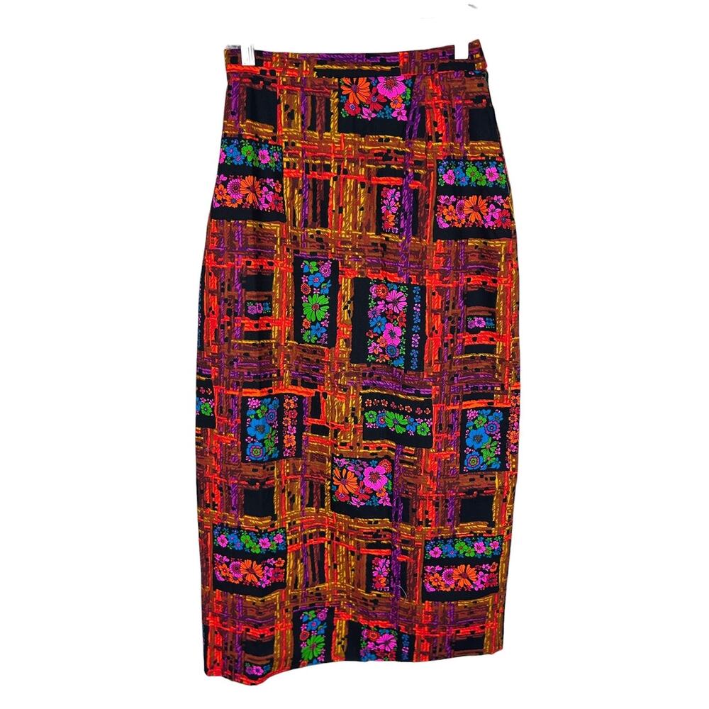 Vintage 70s Vibrant Patterned High Waisted Maxi Pencil Skirt Retro L - Picture 2 of 6